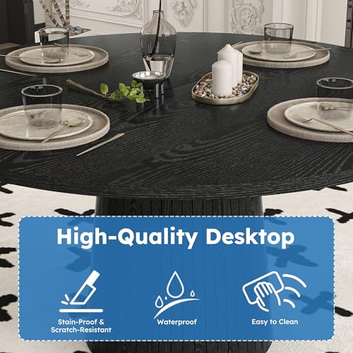 Image of Modern Round Dining Table, 47 inch Black Round Kitchen Table with Wood Grain Tabletop & Fluted Strip Base, Space Saving Circle Dining Table Seats 4-6, Ideal for Dining Room, Living Room, Small Space