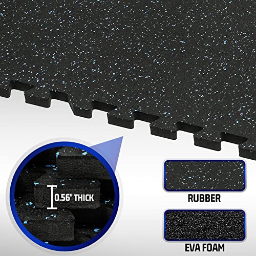 SUPERJARE 0.56'' Thick 24 Pcs 96 Sq Ft Rubber Top Exercise Equipment Mats, High Density EVA Foam Mats with Rubber Top, Interlocking Gym Flooring for Home Gym, Protective Workout Mat, Black/Blue