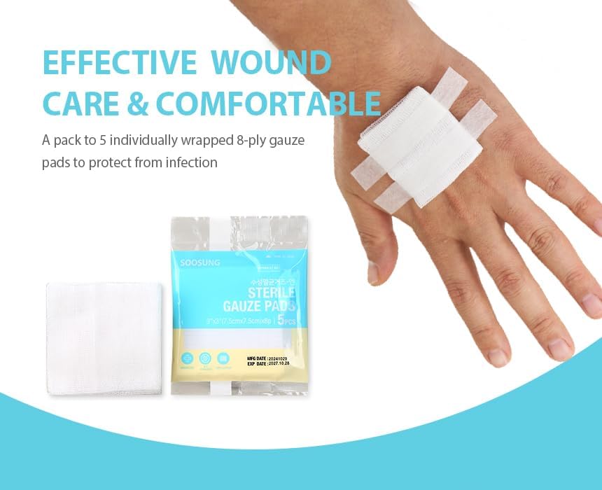 Miniatura 6 de Gasa estéril de grado médico de 3 x 3 pulgadas, 5 almohadillas por paquete (20 paquetes por caja, 100 almohadillas en total), embalaje estéril y