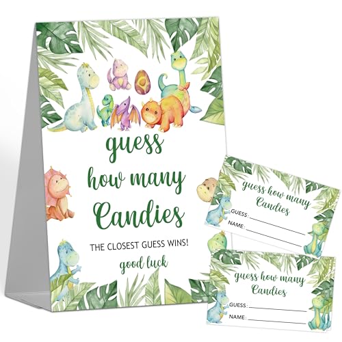 How Many Candies Baby Shower Games, 1 Sign with 50 Cards, Jungle Safari Dinosaur Candy Guessing Game, How Many Gender Reveal Games for Party Birthday Decorations Supplies(MQ-8-24)