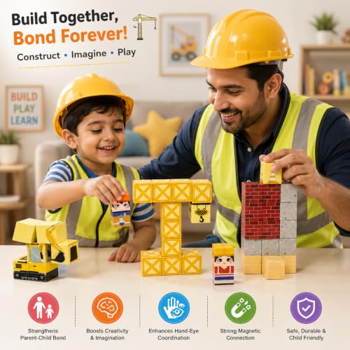 Image of Construction Magnetic Building Blocks for Kids | STEM Magnetic Tiles Pixelated Cube Construction Toy | Creative Learning Block Set for Boys & Girls Ages 3-10 | Birthday Gift