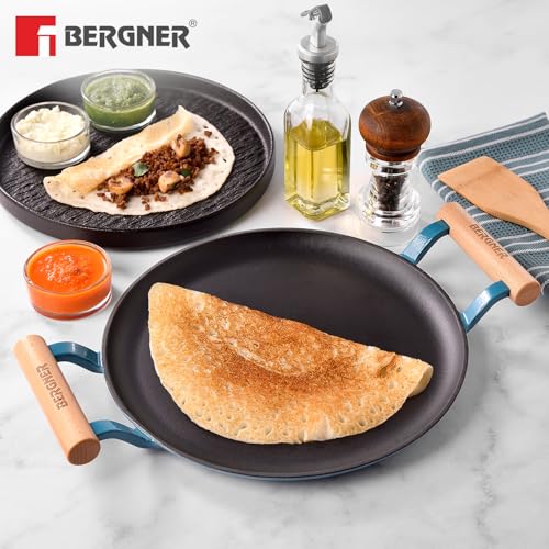 Image of BERGNER Excalibur Lightweight Cast Iron Dosa Tawa 28cm, Double Sided Sturdy Handle, Non-Stick Coating, PFAS Free, Perfect Heat Distribution, Elegant Design - Induction Compatible (Blue)