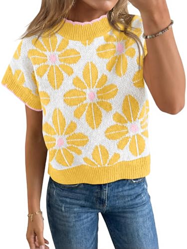 Saodimallsu Womens Floral Sweater Tops Short Sleeve Vintage Crew Neck Loose Knit Summer Pullover Sweaters Yellow