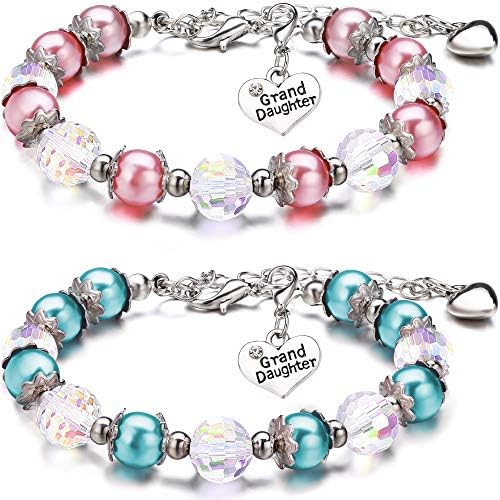 Hicarer 2 Pieces Granddaughter Charm Bracelets for Girls Adjustable Heart Pendant Rhinestone Beaded Strand Bracelets Christmas Halloween Crystal Balls Bangle Jewelry Gift (Classic Crystal Style)