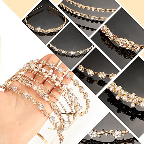 5 Pieces Rhinestones Wedding Headbands Flower Leaves Crown Headband Gold Wedding Hair Accessories For Brides Thin Bridal Faux Pearl Hair Band Headdress Headpiece Tiara For Bridesmaids Women Girl Party #TOP1