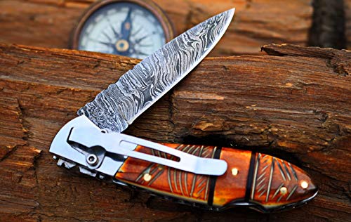 DKC Knives DKC-58-LJ-EH-DS-PC Little Jay Chief Pocket Clip Damascus Steel Folding Pocket Knife Handle 4