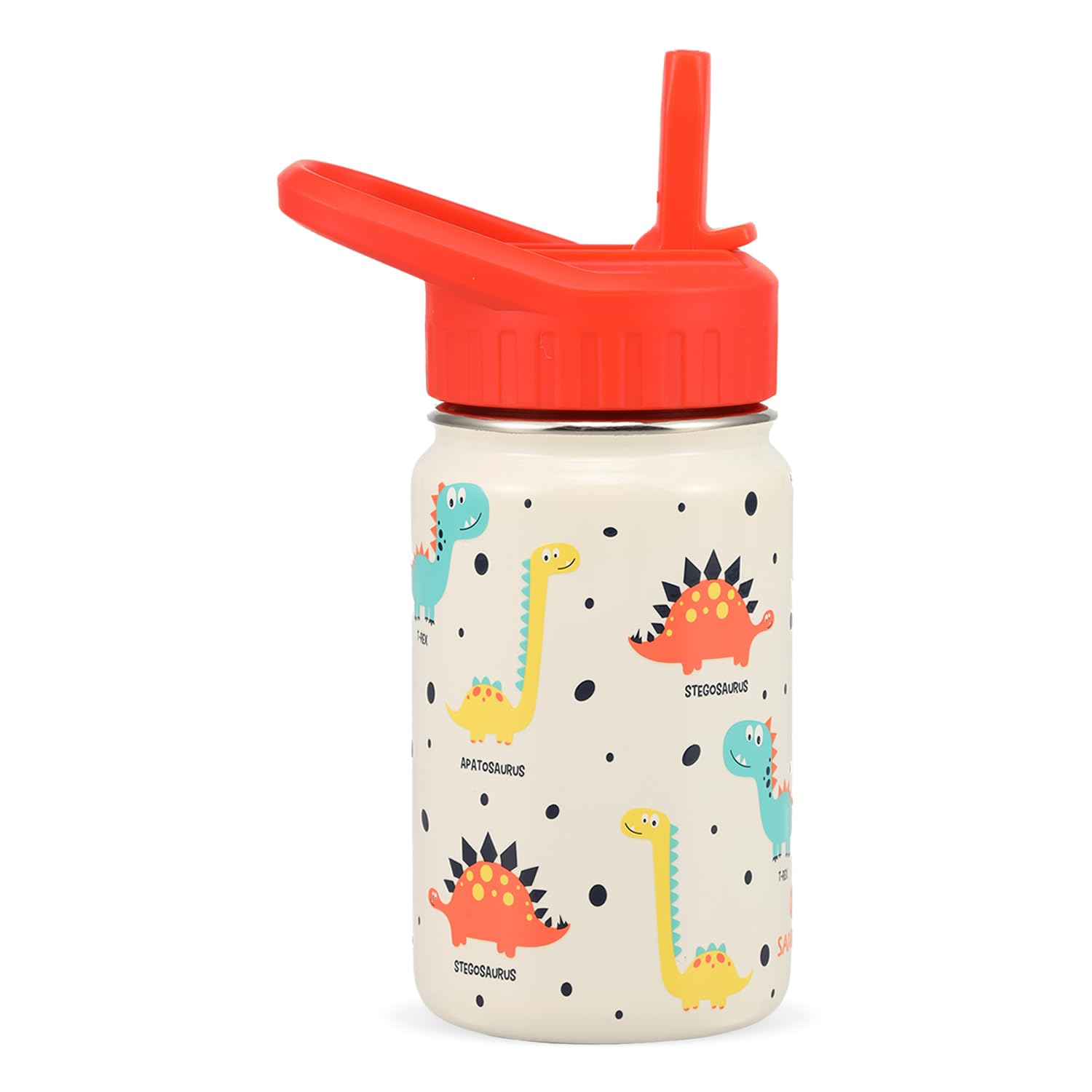 SANTECO Borraccia Bambini Acciaio Inox, Bottiglia Termica a Prova di Perdite con Cannuccia, Termos 350 ml, Senza BPA, Dinosauro