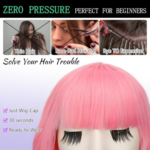 Image of AISI HAIR Curly Bob Wig with Bangs Short Wavy Pink Color Wigs for Women Bob Style Synthetic Heat Resistant Bob Wigs
