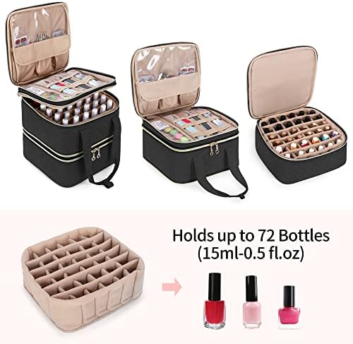 Yarwo Nail Polish Organiser Case Holds 72 Bottles (15ml/0.5 fl.oz), Detachable Storage Bag for Nail Varnish and Nail Art Tools, Black(Patent Pending)