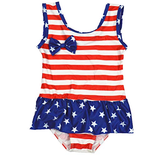 July 4Th Baby Girl Ruffled Single Piece American Flag Printed Bow Beach Swimwear Swimsuit Rash Guard (Red, 2T) #TOP5