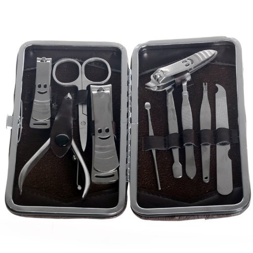 Phenas 10pc Face and Manicure/pedicure Set Brief Case Clippers Tweezers Nail Care, Leather Travel & Grooming Kit
