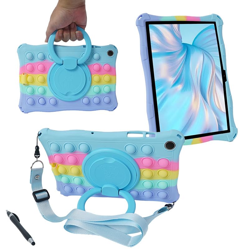 Gruattreay Case Compatible with Samsung Galaxy Tab A9 Plus/ A9+ Tablet 11 Inch 2023 Kids Soft Silicon 360 Rotating Ring Stand Cover with Should Strap and Pen (Colorful Sky Blue)