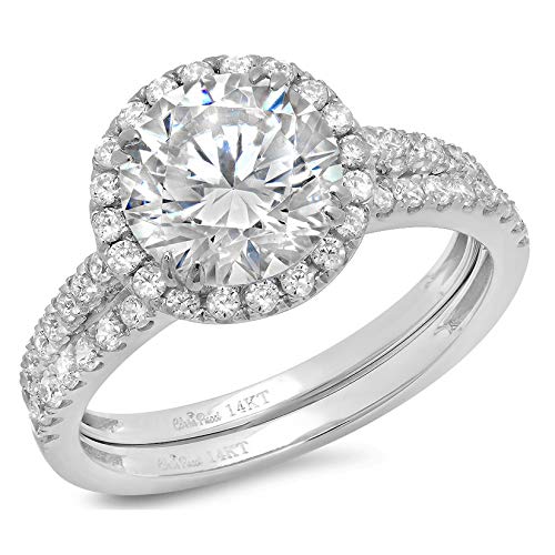 2.72ct Round Cut Halo Pave Solitaire Accent Lab Created White Sapphire & Simulated Diamond Engagement Promise Statement Anniversary Bridal Wedding Ring Band set Real Solid 14k White Gold Sz 8