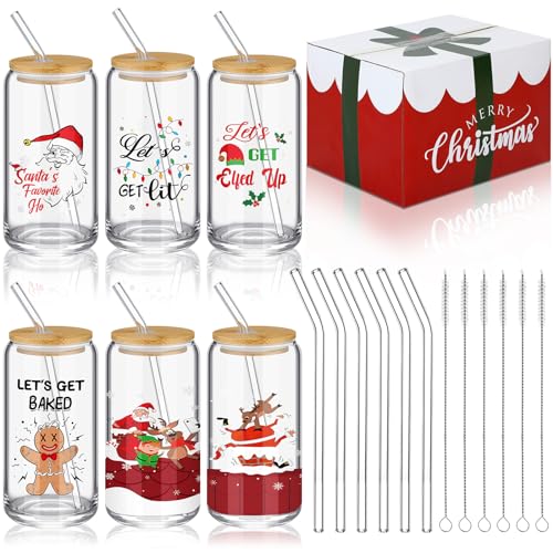 Umigy 6 Pcs Christmas Cups Drinking Glasses with Bamboo Lids and Glass Straws Xmas Gifts 16 oz Can Shaped Glass Ice Coffee Cups Mason Jars for Beverages Cocktail (Funny)