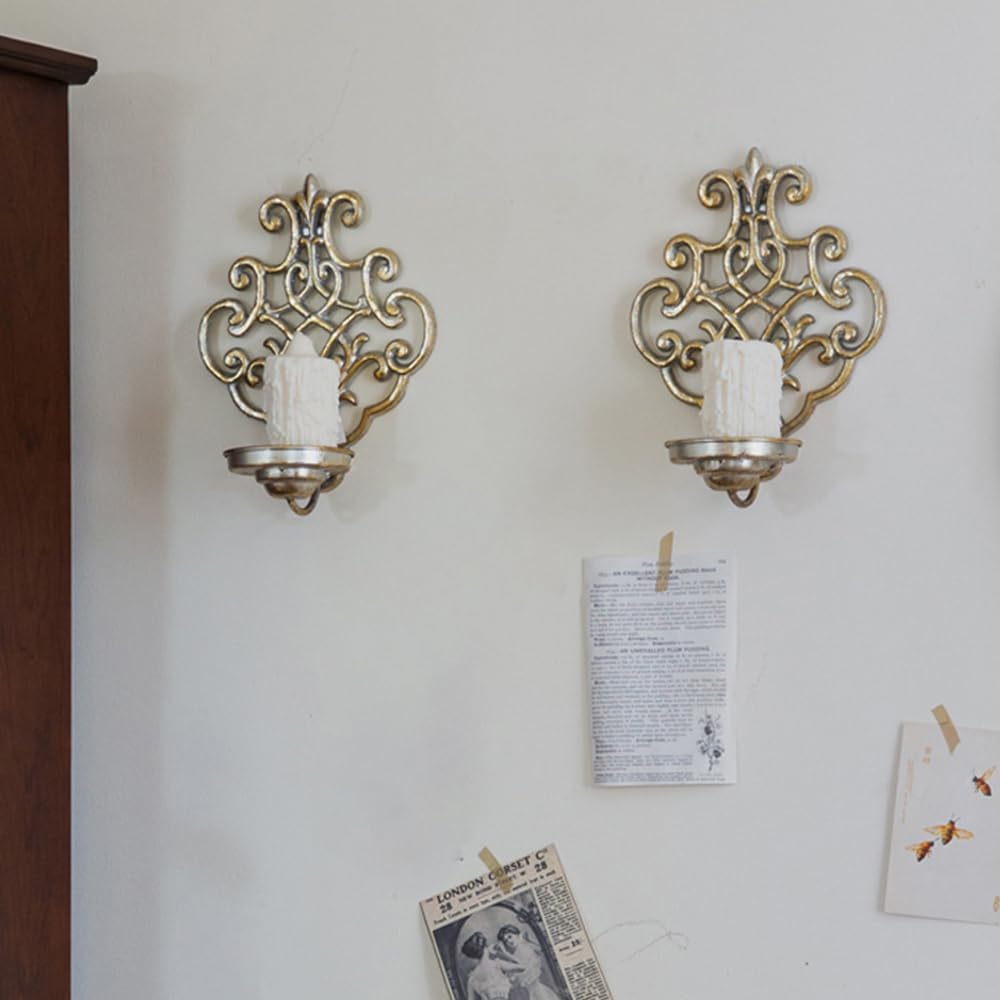 Vintage Metal Wall Candle Holder Set of 2,Distressed Hanging Wall Mounted Candle Sconces for Home Decor Bedroom Dining Room, Antique Gold