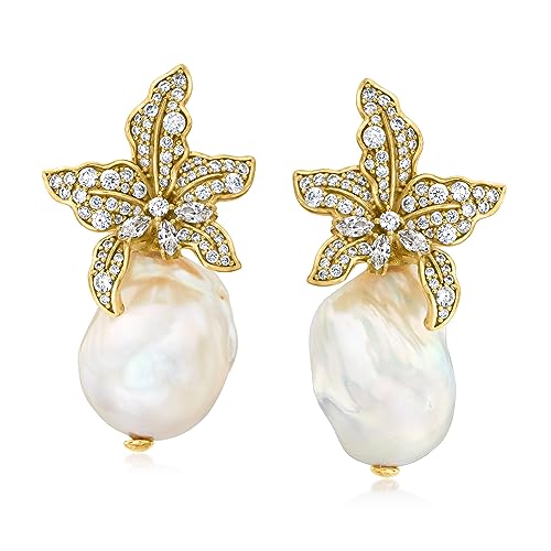 Ross-Simons Italian 13-18mm Baroque Pearl and 1.80 ct. t.w. CZ Flower Earrings in 18kt Gold Over Sterling