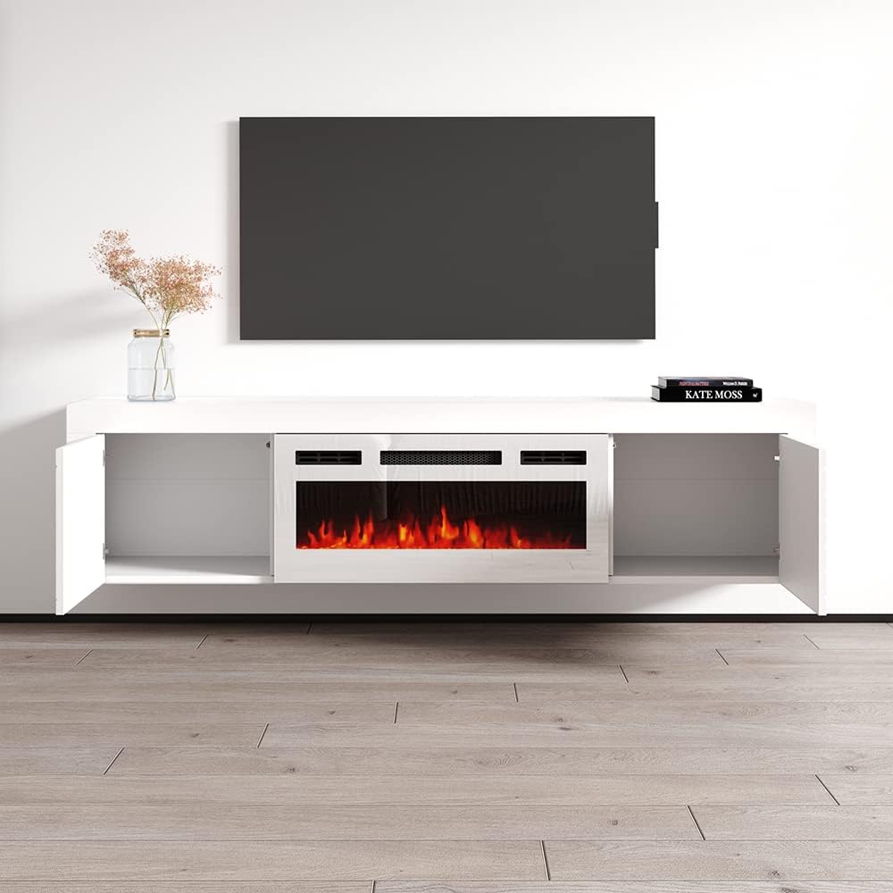 Meble Furniture Dia WH-EF 71" Electric Fireplace TV Stand — Floating Wall-Mounted Entertainment Center — Modern Storage Console, 71 x 16 x 24 in — White