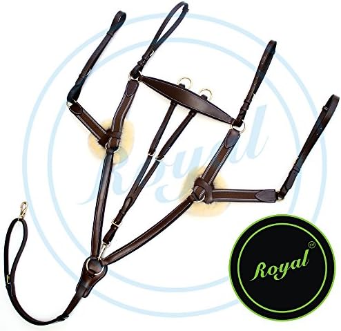 Royal Five Point Padded Fur Breast Plate with Running Attachment and Brass Buckles | Brown Elastic with Grey & Maroon Lines | English Horse Riding Equestrian Premium Tack