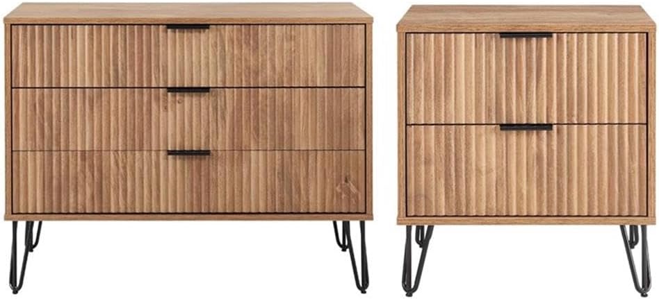 Pemberly Row 2-Piece Dresser & Nightstand Set, 3-Drawer Dresser 55 in L MDF, Golden Brown Finish, Black Metal Legs, Vertical Ribbed Drawer Front, Bedroom Furniture for Storage or Display