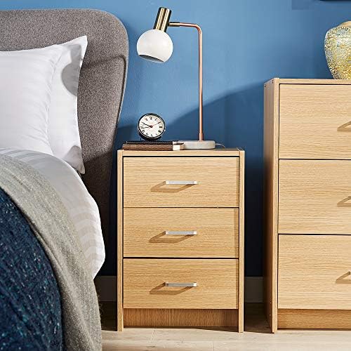 Home Source Bedside Table Oak 3 Drawer Bedside Cabinet Night Stand Metal Runners