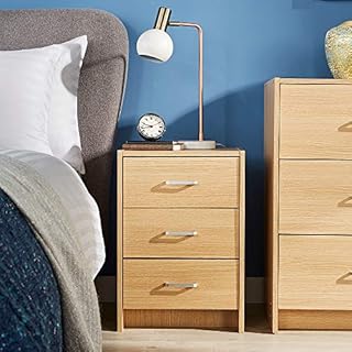Home Source Bedside Table Oak 3 Drawer Bedside Cabinet Night Stand Metal Runners