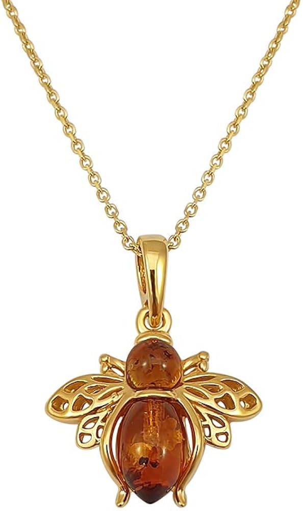 Kiara Jewellery, Bee Pendant Necklace, 925 Sterling Silver Yellow Gold Plated -Inset With Brown Baltic Amber