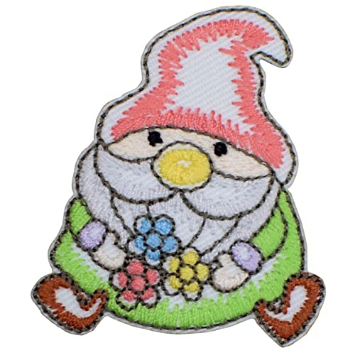 Gnome Applique Patch - Garden Gnome Collection, Flowers 2' (Iron On) Embroidered Iron on Patch Sew On for Clothing Applique for Jackets, Hats, Backpacks Repair Patches for Craft
