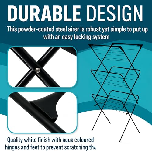 VIROSA 3-Tier Clothes Drying Rack – Foldable Indoor & Outdoor Laundry Stand with Non-Slip Feet & Hanger Corners – Lightweight Space-Saving Design – 63 x 46 x 138cm – Black - Image 3