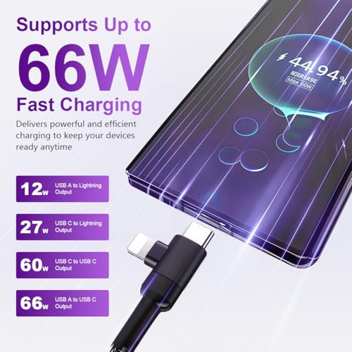 Image of Verilux 4-in-1 Type C Cable 6.6Ft /2M, PD 66W Type C Cable Fast Charging with 480Mbps Data Speed, Nylon Braid USB-A & USB-C to Lighting & USB-C for iPhone17 /16 /15, Galaxy S26 /S25 /S24