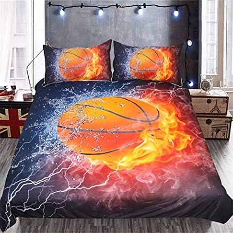2 Pieces Basketball Duvet Cover,3D printed Red Flame and Ice basketball Bedding Set,1 Pillowcases,Hidden zipper,Microfiber Sport Quilt Cover,Single Size 135 x 200cm Cover