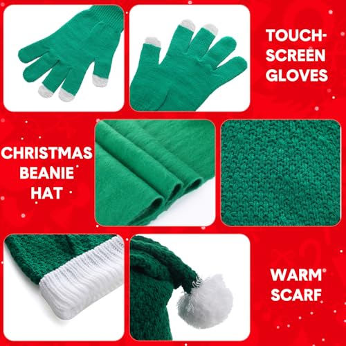Panitay 2 Sets Christmas Beanie Hat Scarf Gloves Winter Warm Sets Include 2 Pcs Knitted Scarf 2 Pairs Touch Screen Santa Gloves 2 Pcs Hats for Women Men Xmas Party4