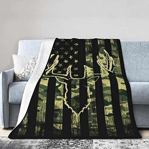Camo Deer Flag Throw Blanket Soft Cozy Plush Warm Hunting Camouflage Fleece Blanket For Sofa Couch Bed 60"X50" #TOP2