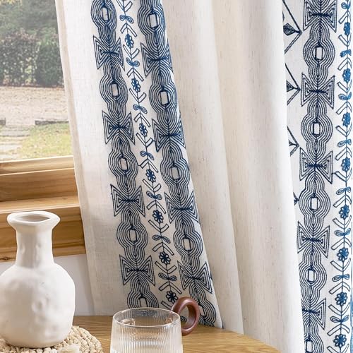 NICETOWN Boho Curtains with Navy Blue Trim 84" Long 2 Panels, Embroidered Linen Textured Geometric Drapes with Antique Bronze Grommets, Light Filterin