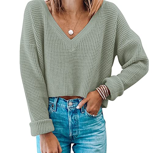 Womens V Neck Waffle Knit Cropped Top Long Sleeve Pullover Crop Sweater
