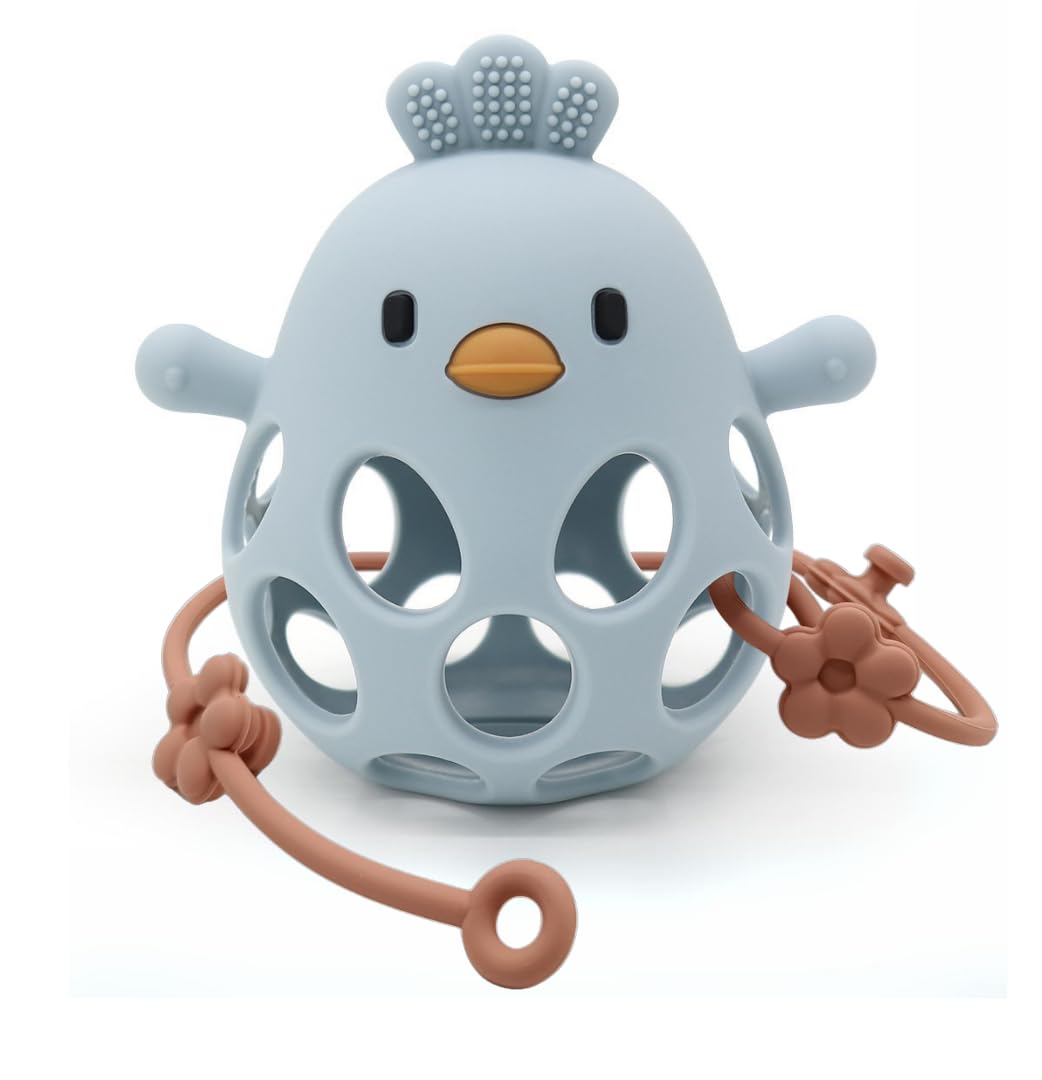 MME Pollito Mordedor Bebé de Silicona sin tóxicos, Mordedor Sensorial, Mordedor Sonajero +3 meses, Juguete Mordedor Bebe, Teething Toy, Teether Baby(Azul con correa)