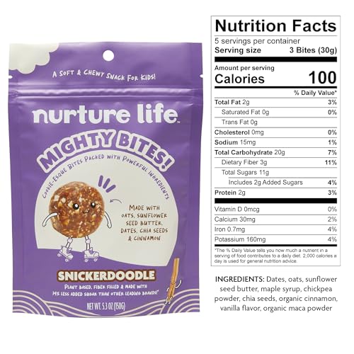 Nurture Life Mighty Bites, Snickerdoodle, Healthy Oatmeal Bite Size Snacks For Kids & Toddlers, High Protein Organic Snacks For Children, Plant-Based High Fiber Snacks thumb #4