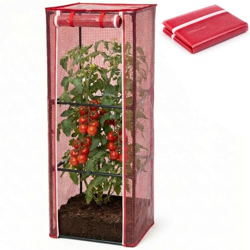 43.3" x 15.4" x 15.4" Tomato Cages Plant Greenhouse Cover, PE Tomatoes Red Greenhouse with Zipper Door, Tomato Trellis Plant Support Protector Cover for Garden Climbing Plants (NO Frame Included)