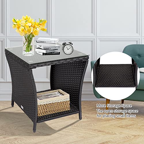 Kinbor Outdoor Patio Side Table - Wicker Pe Rattan Patio Table, Square Coffee Table With Glass Top And Storage, Outdoor Side/End Table For Deck Pool Garden Lawn Porch (Black) #TOP4