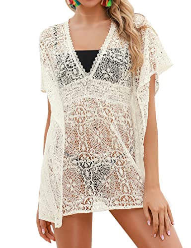 Terecey Camisolas y Pareos Playa Vestido de Baño de Bikini con Encaje Camisa Suelto de Bikini Mujer Espalda Abierta Traj Baño Bikini Cover Up Cuello en V Vestido de Playa Verano Sexy