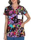 LOMON Scrubs for Women V Neck Print Scrub Tops Soft Knit Nurse Uniform Shirts with 3 Pockets Colorful Graffiti XL