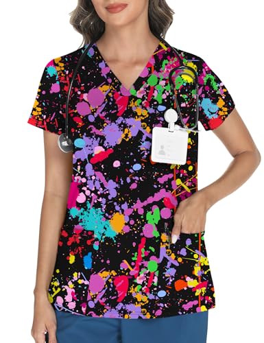 LOMON Scrubs for Women V Neck Print Scrub Tops Soft Knit Nurse Uniform Shirts with 3 Pockets Colorful Graffiti XL