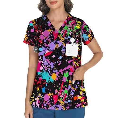 LOMON Women's V Neck Printed Scrub Top with 3 Pockets Colorful Graffiti 3X-Large