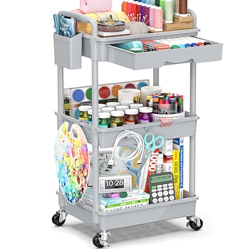 Image of SUNALLY 3 Tier Rolling Cart with Drawer, Bathroom Storage Organizer with 2 Lockable Wheels, Multifunctional Rolling Storage Cart for Bathroom, Kitchen, Office, Craft, Makeup, Baby Essentials, Gray