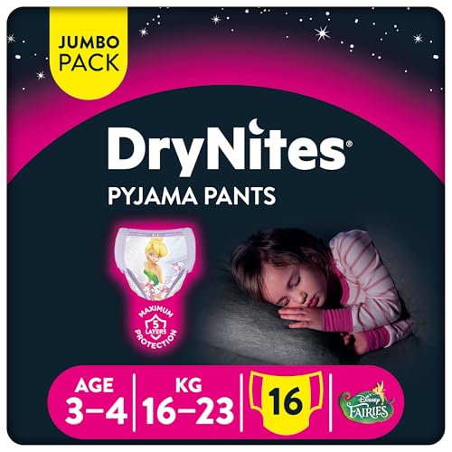 Huggies DryNites Pyjama Pants 3-5 years Bed Wetting Diaper Girls 16-23 kg Jumbo Pack 16 Pants
