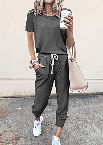 Image of PRETTYGARDEN Women Summer Two Piece Outfits Striped Short Sleeve Pullover and Long Pants Tracksuit Travel Pajama Lounge Set