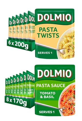 Dolmio Pasta Twists Microwave Fusili Pasta, Bulk Multipack 6 x 200 g pouches With Tomato and Basil Microwave Pasta Sauce, Bulk Multipack 8 x 170 g pouches