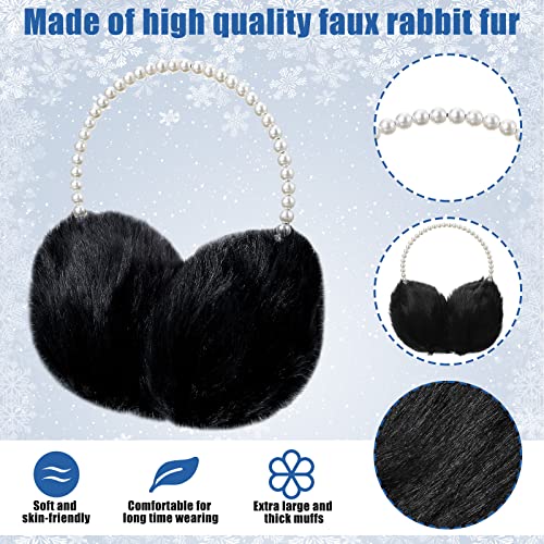 Mepase 2 Pieces Women Winter Ear Muffs Cute Fuzzy Plush Earmuffs Faux Fur Outdoor Ear Warmers With Pearl Headband For Girls, Black, White #TOP2
