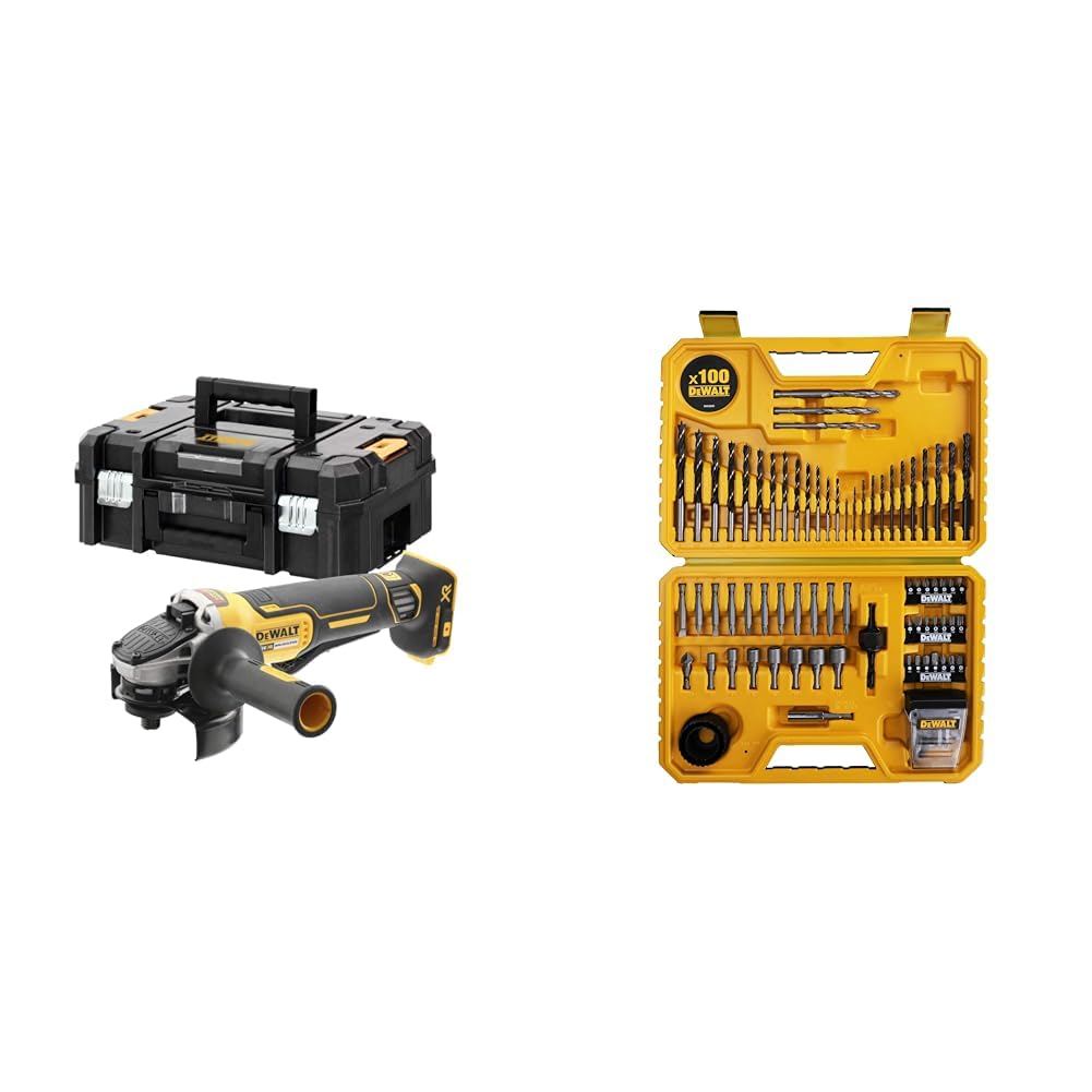 DEWALT - Meuleuse Brushless XR 18V 5Ah Li-Ion - DCG406NT-XJ - Meuleuse sans Fil avec Interrupteur à Palette - Lame Ø125mm - 1000W & Coffret de 100 Pièces de Perçage et Vissage Haute Performance