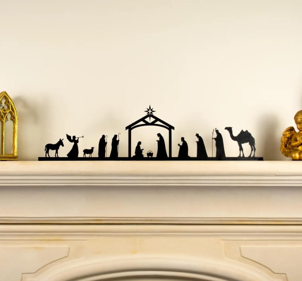 Metal Nativity Scene Free Standing Decoration | Rustic Steel Christmas Mantel Display | Modern Minimalist Holiday Décor | Durable Powder-Coated Nativity Silhouette (Black, 24 x 6 inches)