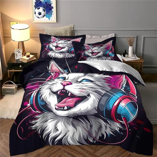 Parure de Lit Chat avec Housse de Couette Imprimé 3D en Microfibre